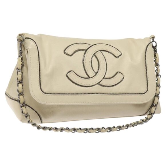 CHANEL Chain Hand Bag Leather White Silver CC Auth ep8399 - Picture 1 of 16